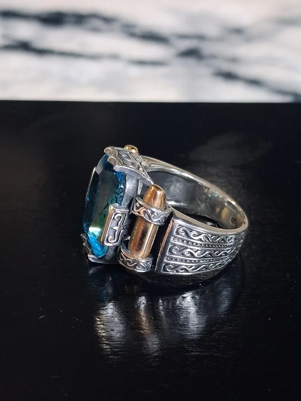 Mixed Metal Blue Gemstone Sterling Silver Ring Unisex 16 Grams Size 9